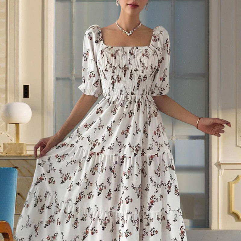 Women's Square Neck Short Sleeve A-Line Floral Print Ruffled Sleeves Bust Smocked Elastic Boho Summer Vacation Dress