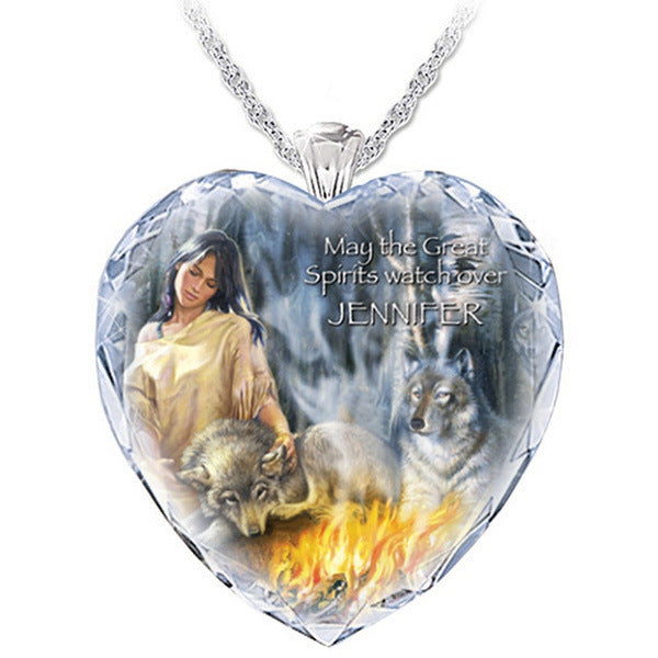 Heart-shaped Crystal Girl Gray Wolf Pendant Necklace