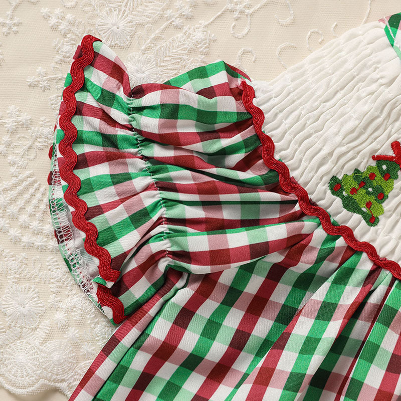 Toddler Infant Baby Girls Short Sleeve Christmas Tree Embroidered Plaid Casual Party Dresses