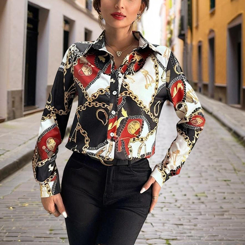 Women's Lapel Long Sleeve Shirt - Fitted Cut Intricate Print Button-Up Design Casual Wear
