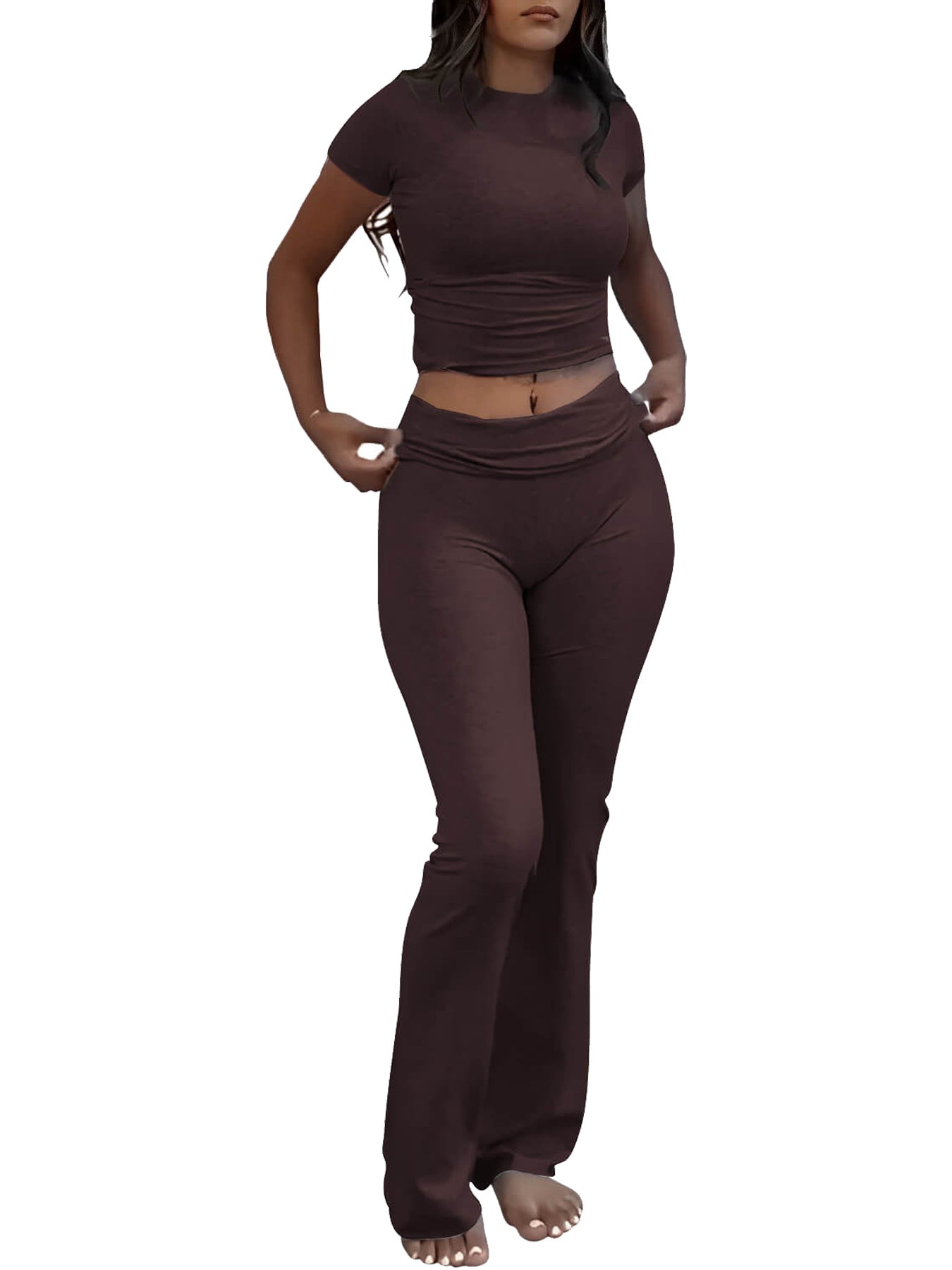 Casual Solid Color Slim Fit Two-piece Set, Short Sleeved Round Neck T-shirt And Tight Flared Sports Pants