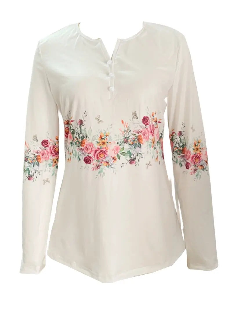 New Style White Buttoned Rose Print Long Sleeve T-shirt Casual Top