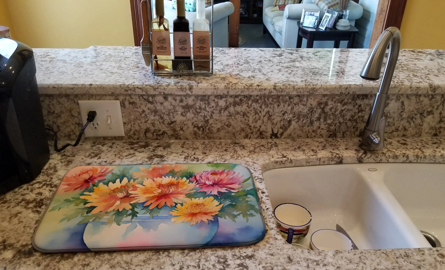 Chrysanthemums in Watercolor Dish Drying Mat
