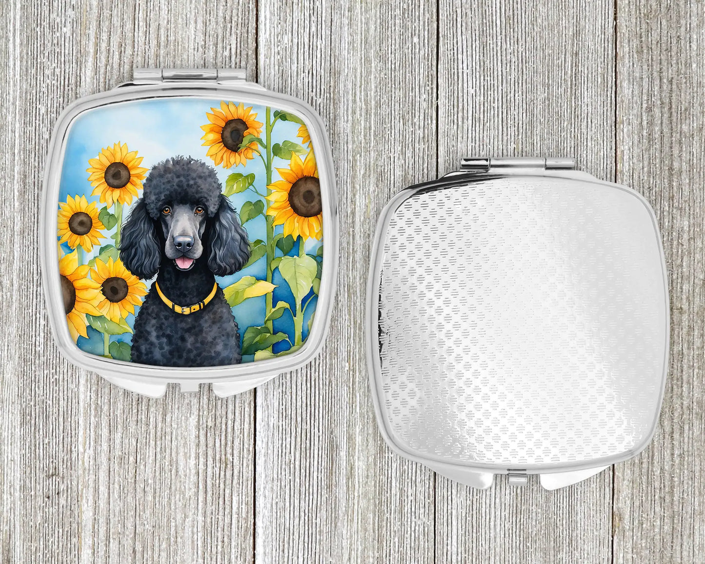 Black Poodle in Sunflowers Compact Mirror