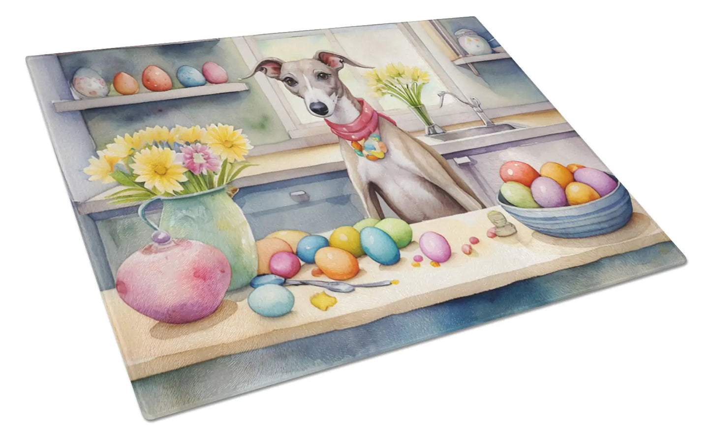 Decorating Easter Whippet Glass Cutting Board