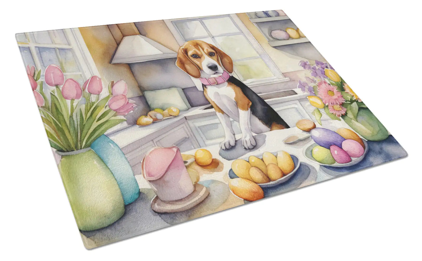 Decorating Easter Beagle Glass Cutting Board