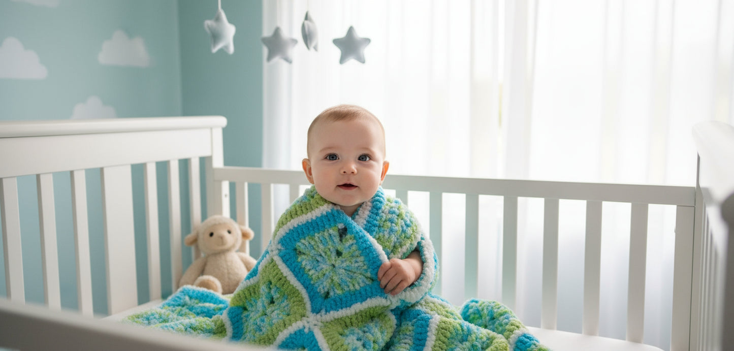 Granny Square Baby Blanket handmade of Blues and Greens for boys and girls
