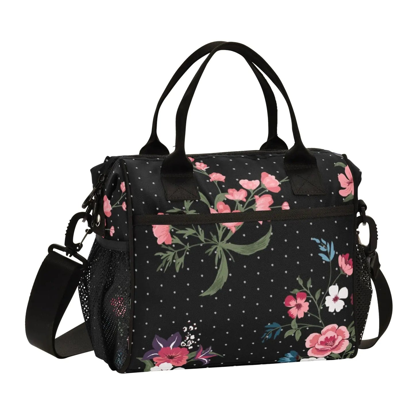 Women Cooler Bags Lunch Bag Reusable Insulated Lunch Bags Rose Dots Floral Black Crossbody with Shoulder Strap Adults S
