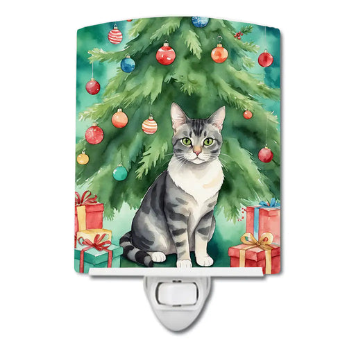 German Rex Cat By the Christmas Tree Ceramic Night Light