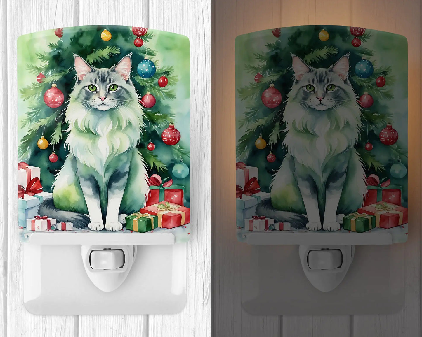 Oriental Longhair Cat By the Christmas Tree Ceramic Night Light