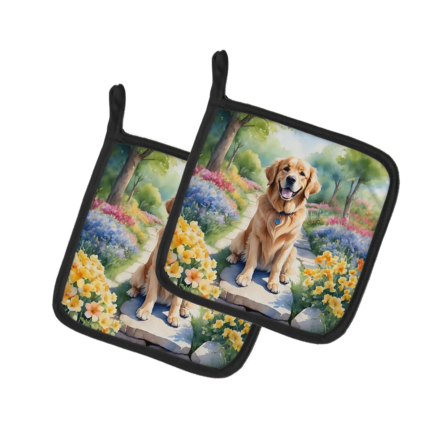 Golden Retriever Spring Path Pair of Pot Holders