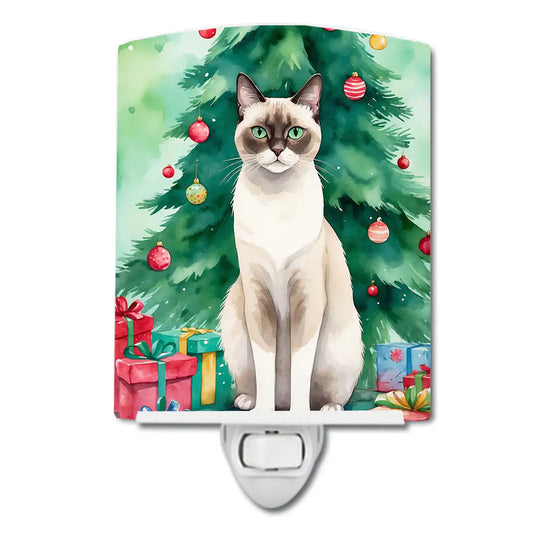 Snowshoe Cat By the Christmas Tree Ceramic Night Light