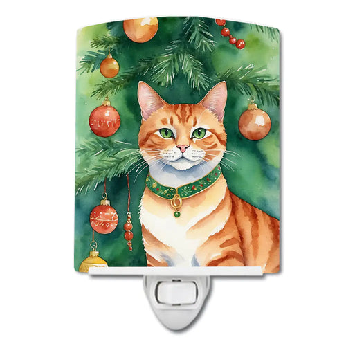 Suphalak Cat By the Christmas Tree Ceramic Night Light