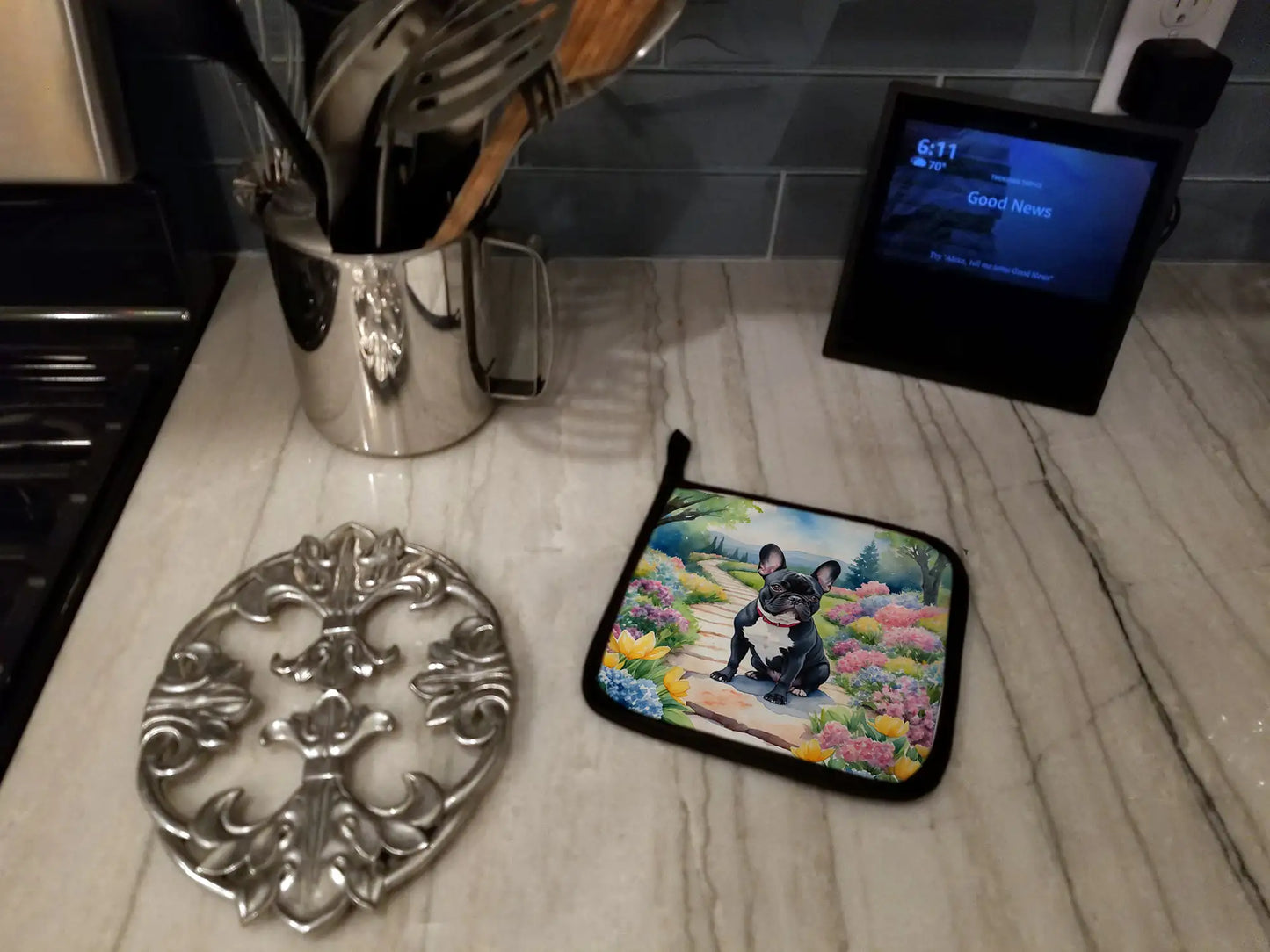 French Bulldog Spring Path Pair of Pot Holders