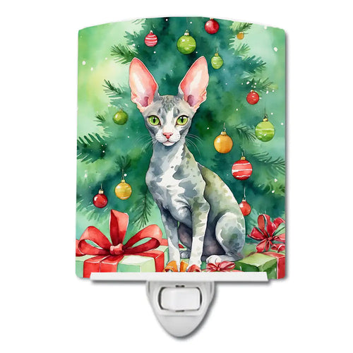 Cornish Rex Cat By the Christmas Tree Ceramic Night Light
