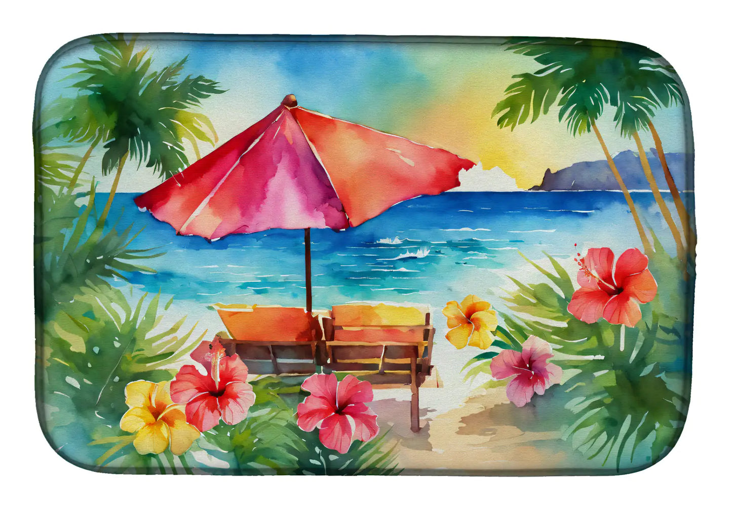 Hawaii Hawaiian Hibiscus in Watercolor Dish Drying Mat