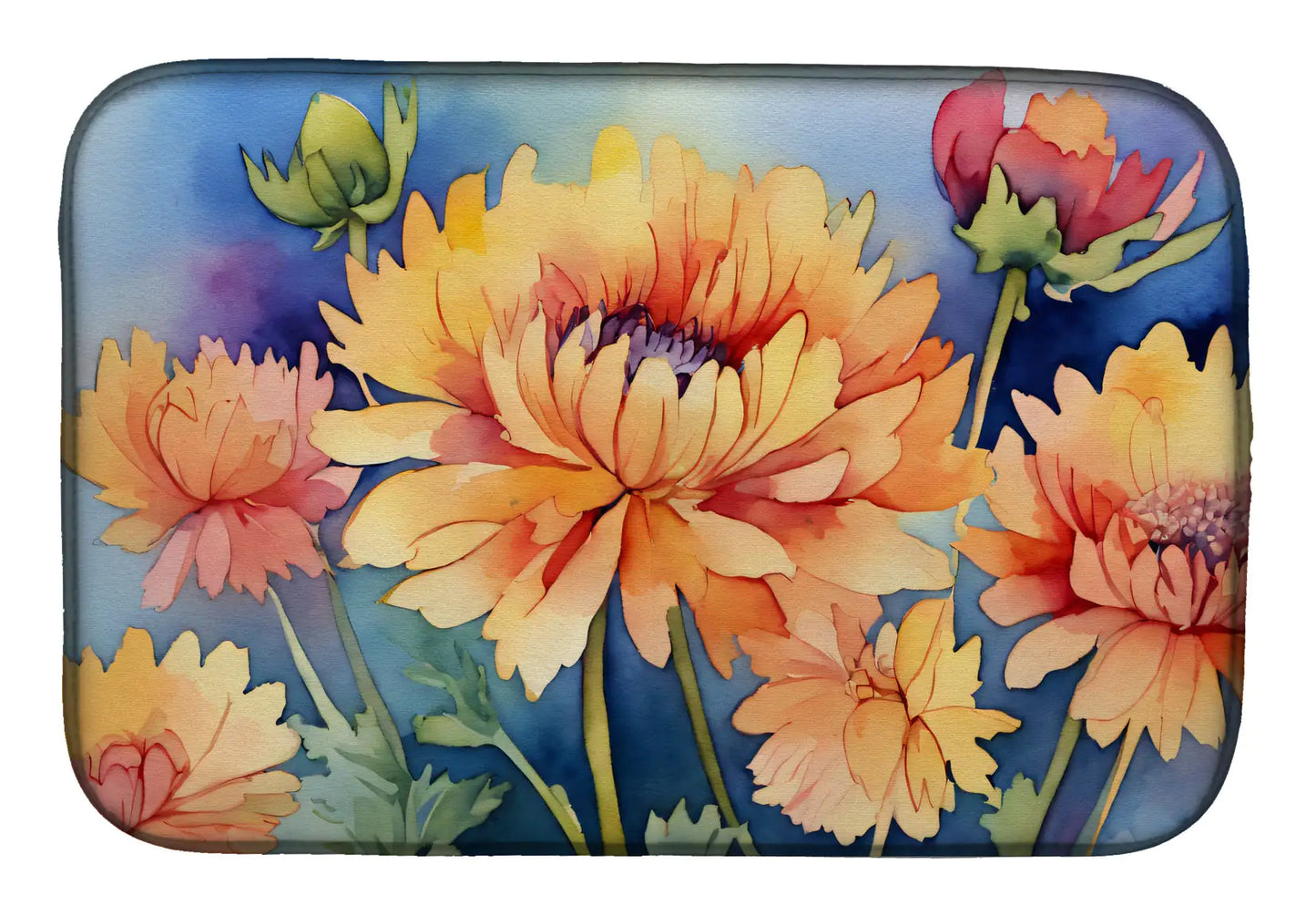 Chrysanthemums in Watercolor Dish Drying Mat