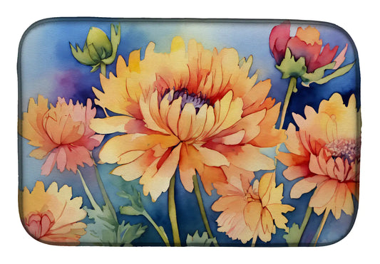 Chrysanthemums in Watercolor Dish Drying Mat