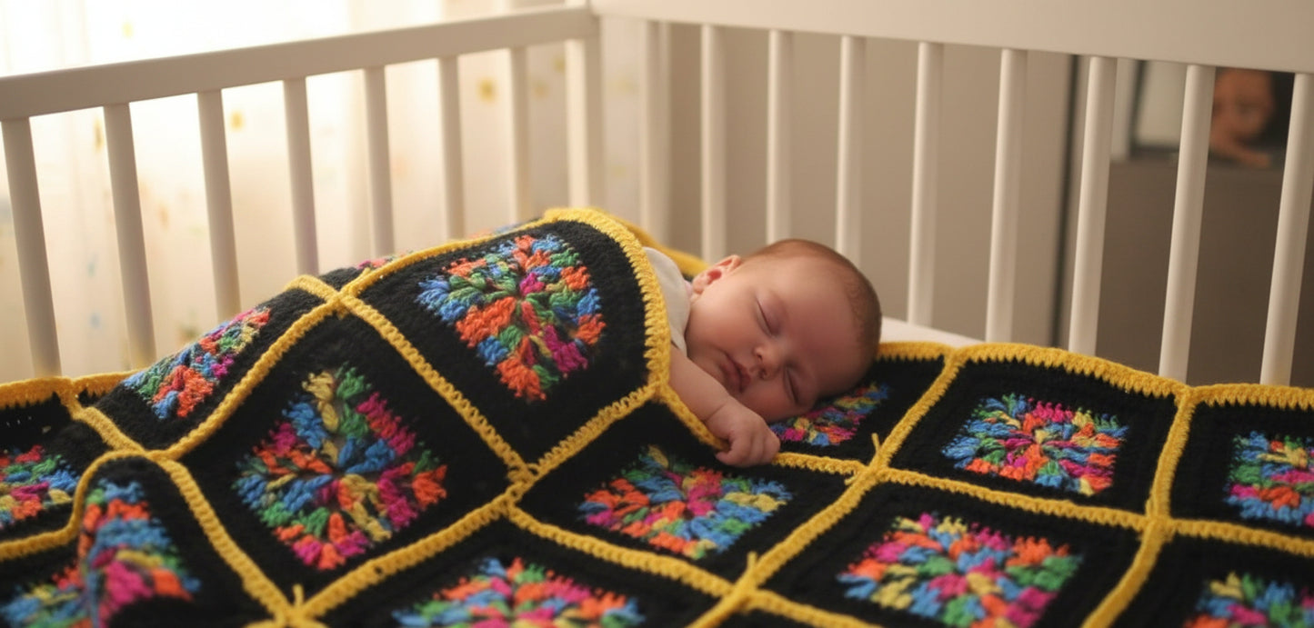 Handmade Granny Square of Fiesta Black and Yellow Lap Patchwork Blanket