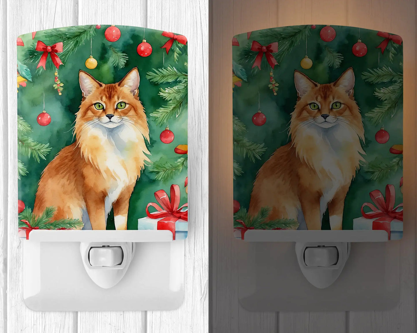 Somali Cat By the Christmas Tree Ceramic Night Light
