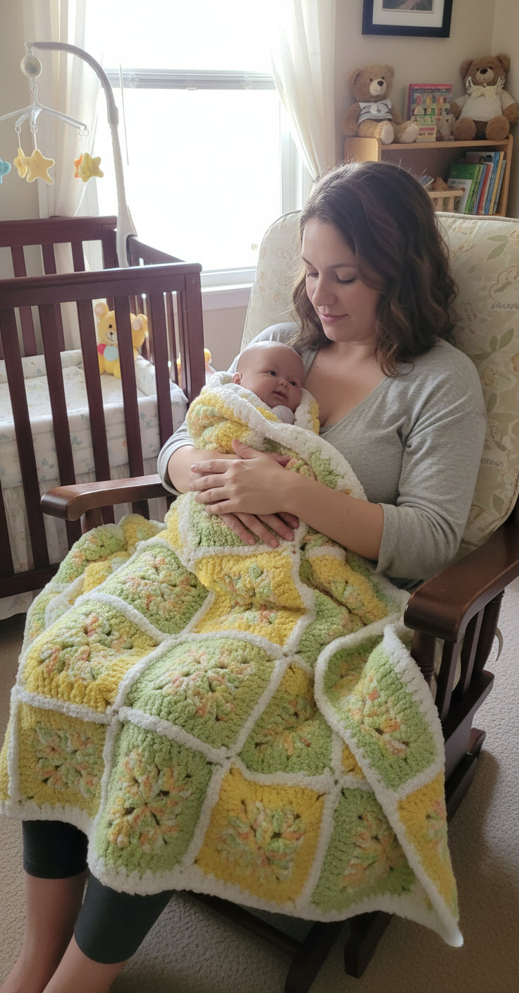 Granny Square Baby Blanket handmade, hand crochet of Yellows and Greens patchwork,  for boys and girls