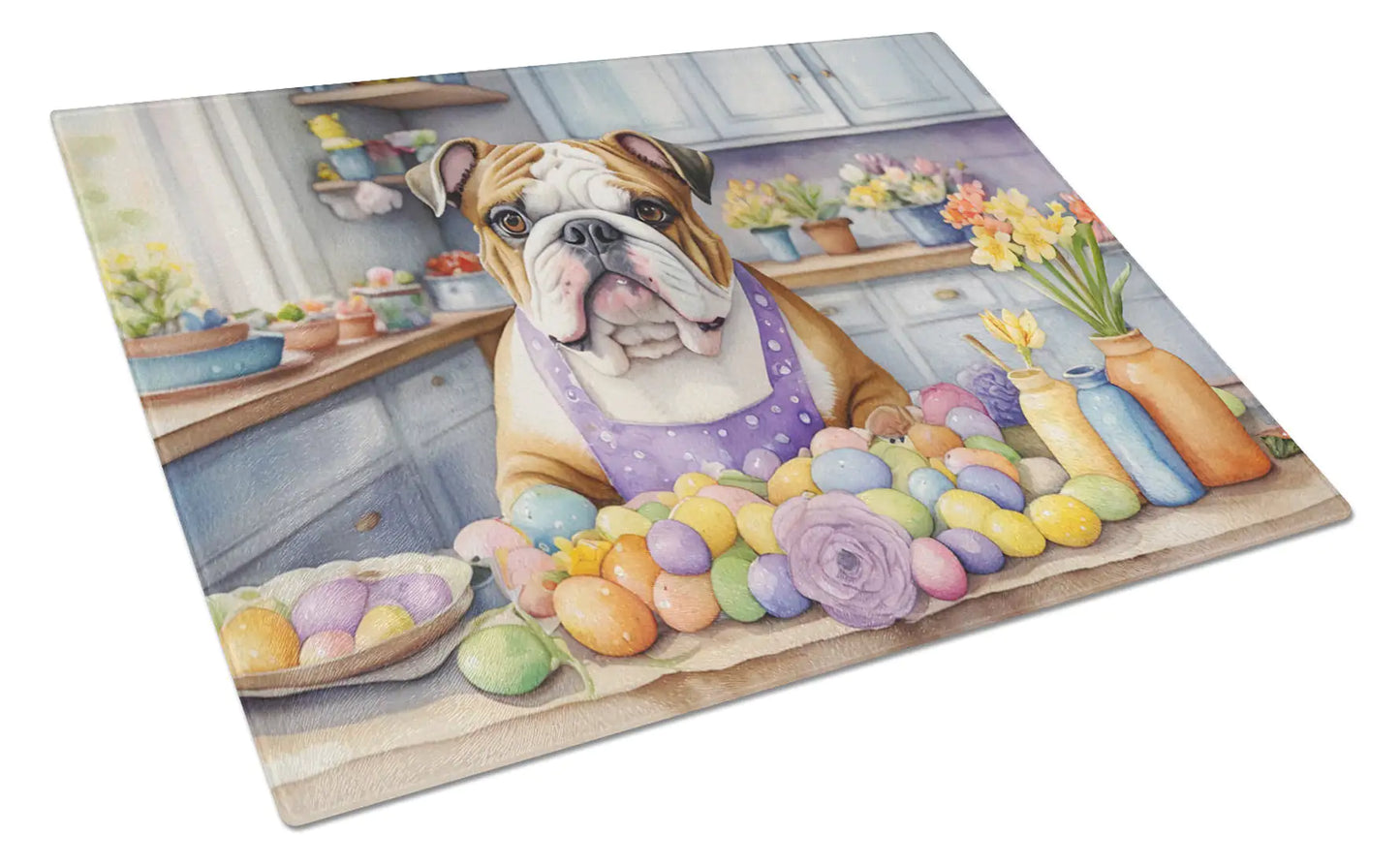 Decorating Easter English Bulldog Glass Cutting Board