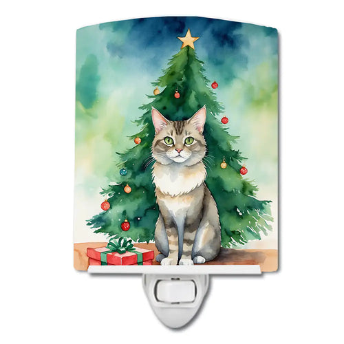 Dwelf Cat By the Christmas Tree Ceramic Night Light