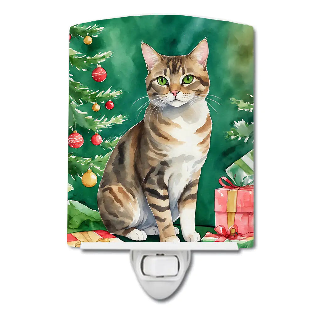 California Spangled Cat By the Christmas Tree Ceramic Night Light