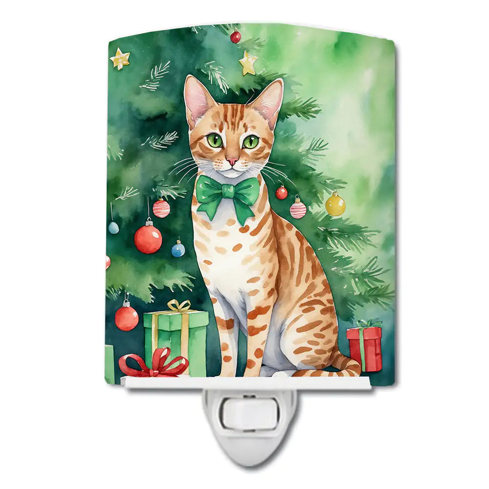 Ocicat Cat By the Christmas Tree Ceramic Night Light