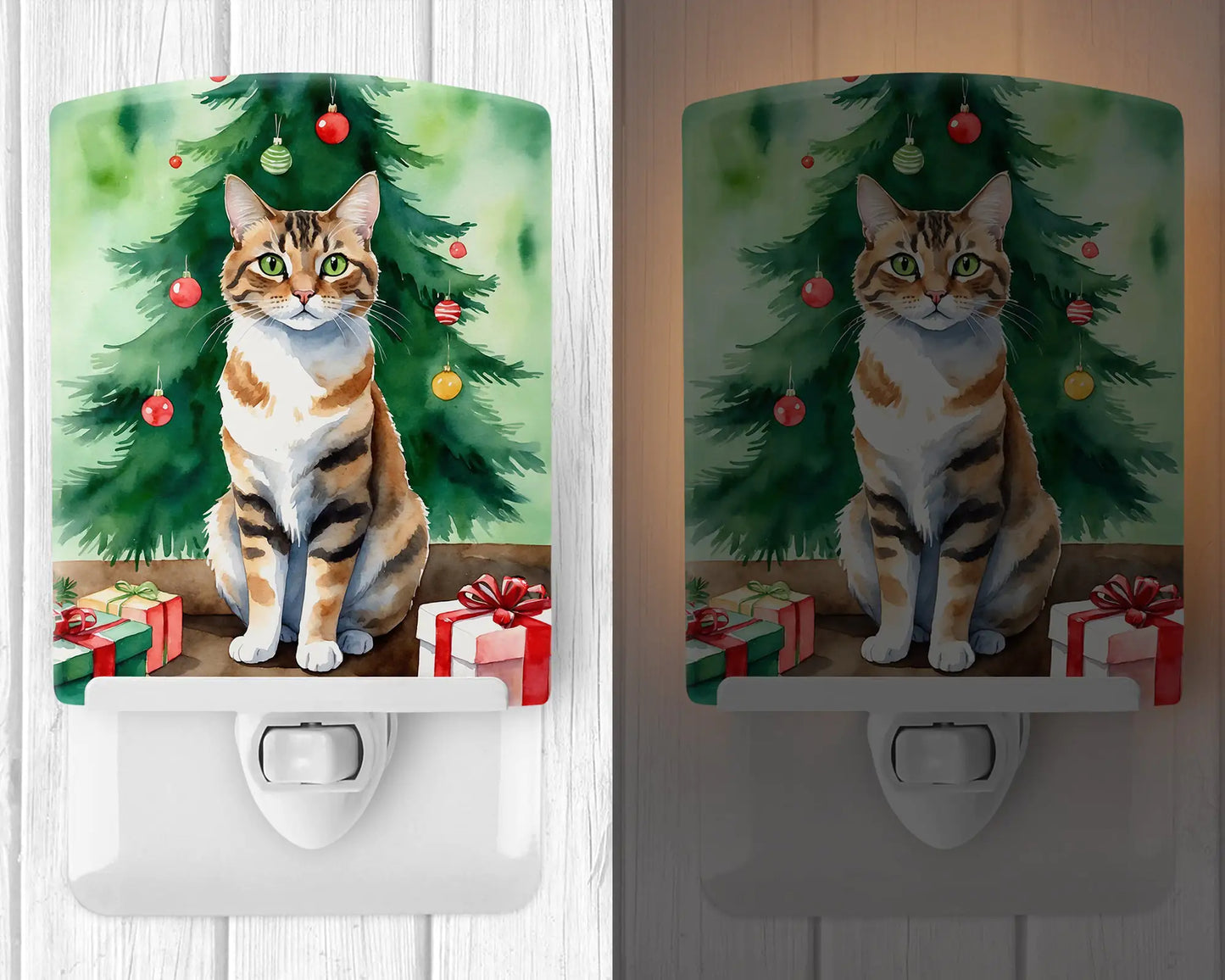 Owyhee Bob Cat By the Christmas Tree Ceramic Night Light