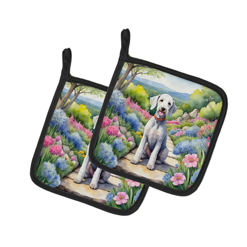 Bedlington Terrier Spring Garden Pair of Pot Holders