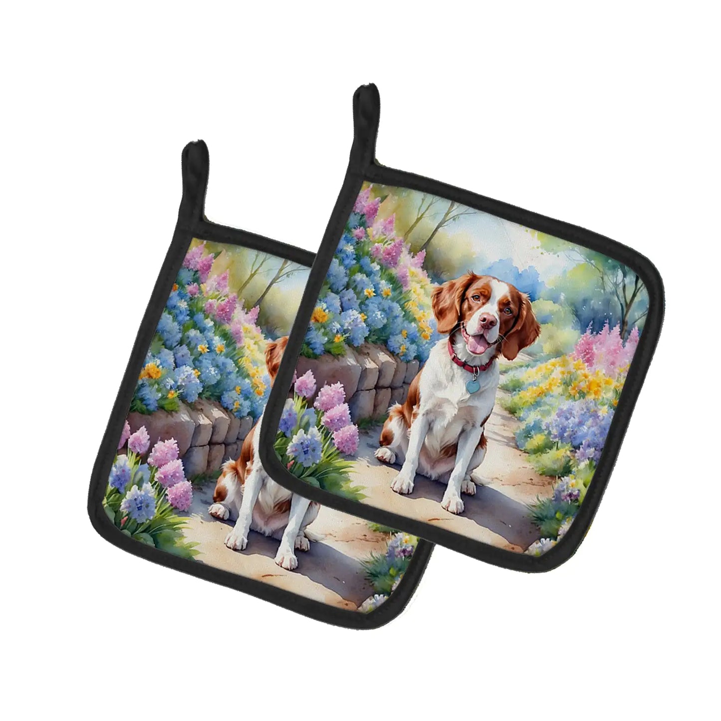 Brittany Spaniel Spring Path Pair of Pot Holders