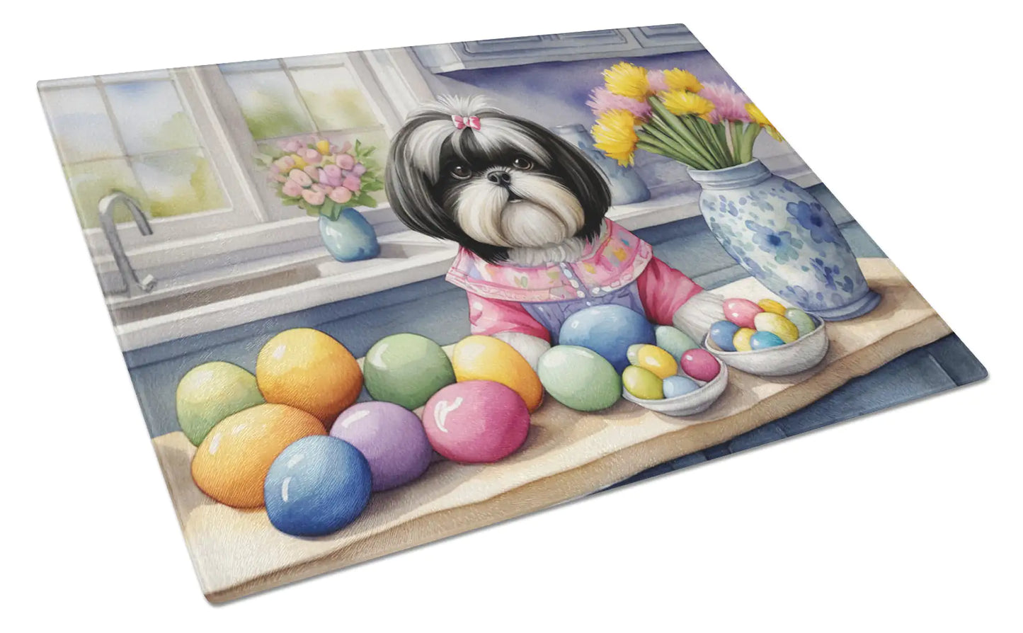 Decorating Easter Shih Tzu Glass Cutting Board