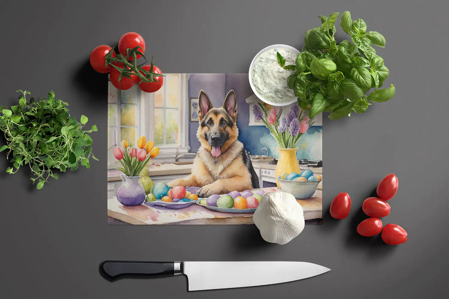Decorating Easter German Shepherd Glass Cutting Board
