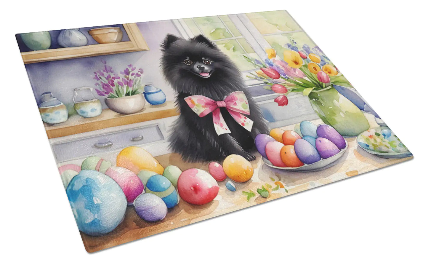 Decorating Easter Pomeranian Glass Cutting Board