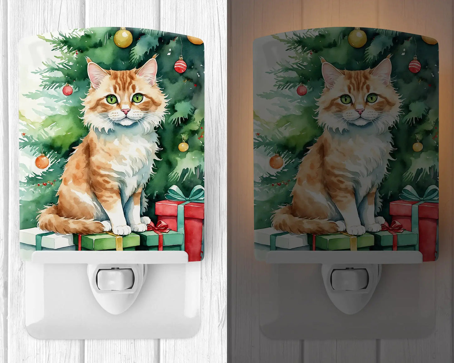 Skookum Cat By the Christmas Tree Ceramic Night Light