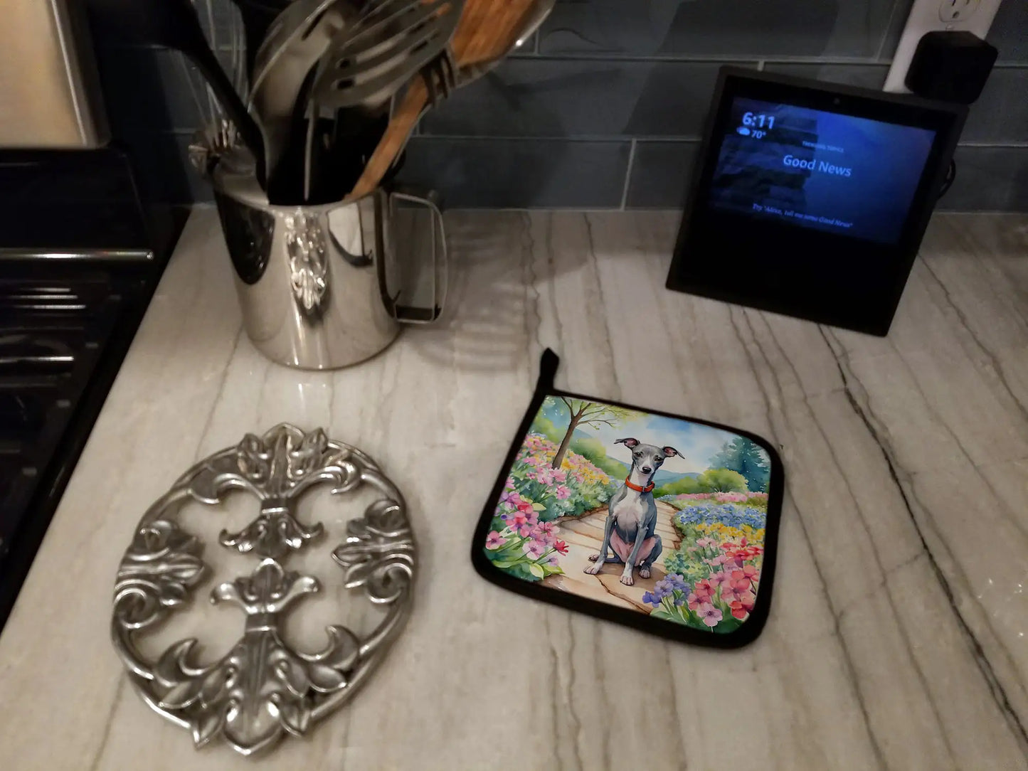 Italian Greyhound Spring Path Pair of Pot Holders