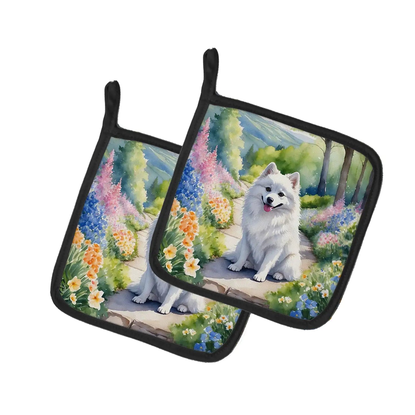 American Eskimo Spring Garden Pair of Pot Holders