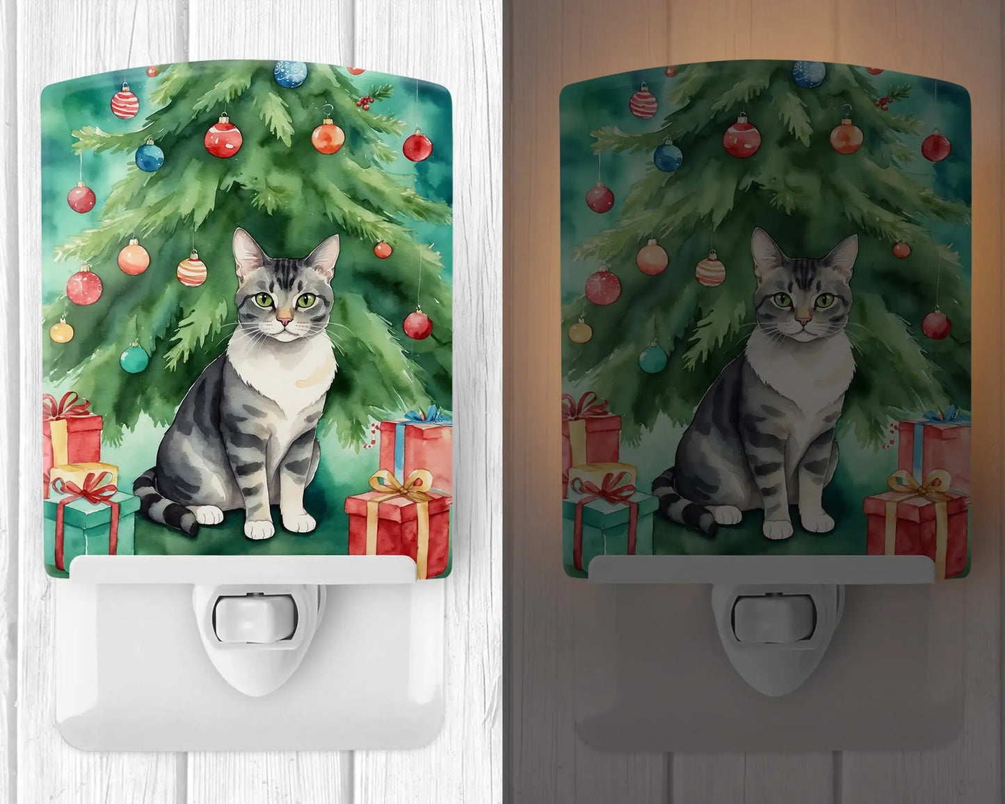German Rex Cat By the Christmas Tree Ceramic Night Light