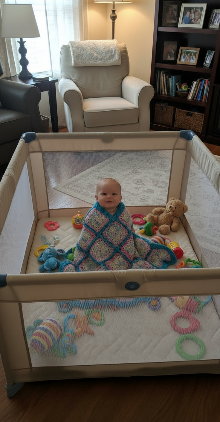 Handmade Granny Baby Blanket Square of Multi Baby, n Pinks, with Teal Border Patchwork