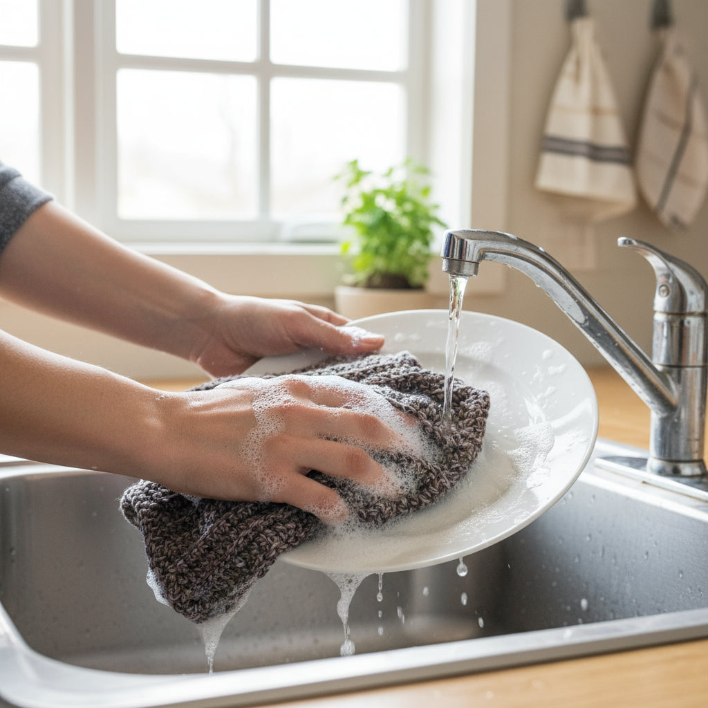 Handmade cotton dish cloth in dark brown tones under running water