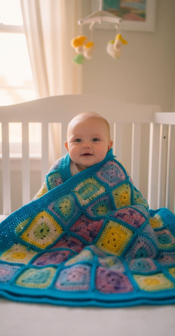 Handmade Granny Square hand crochet of Multi Colors  Patchwork with Teal Border Baby Blanket