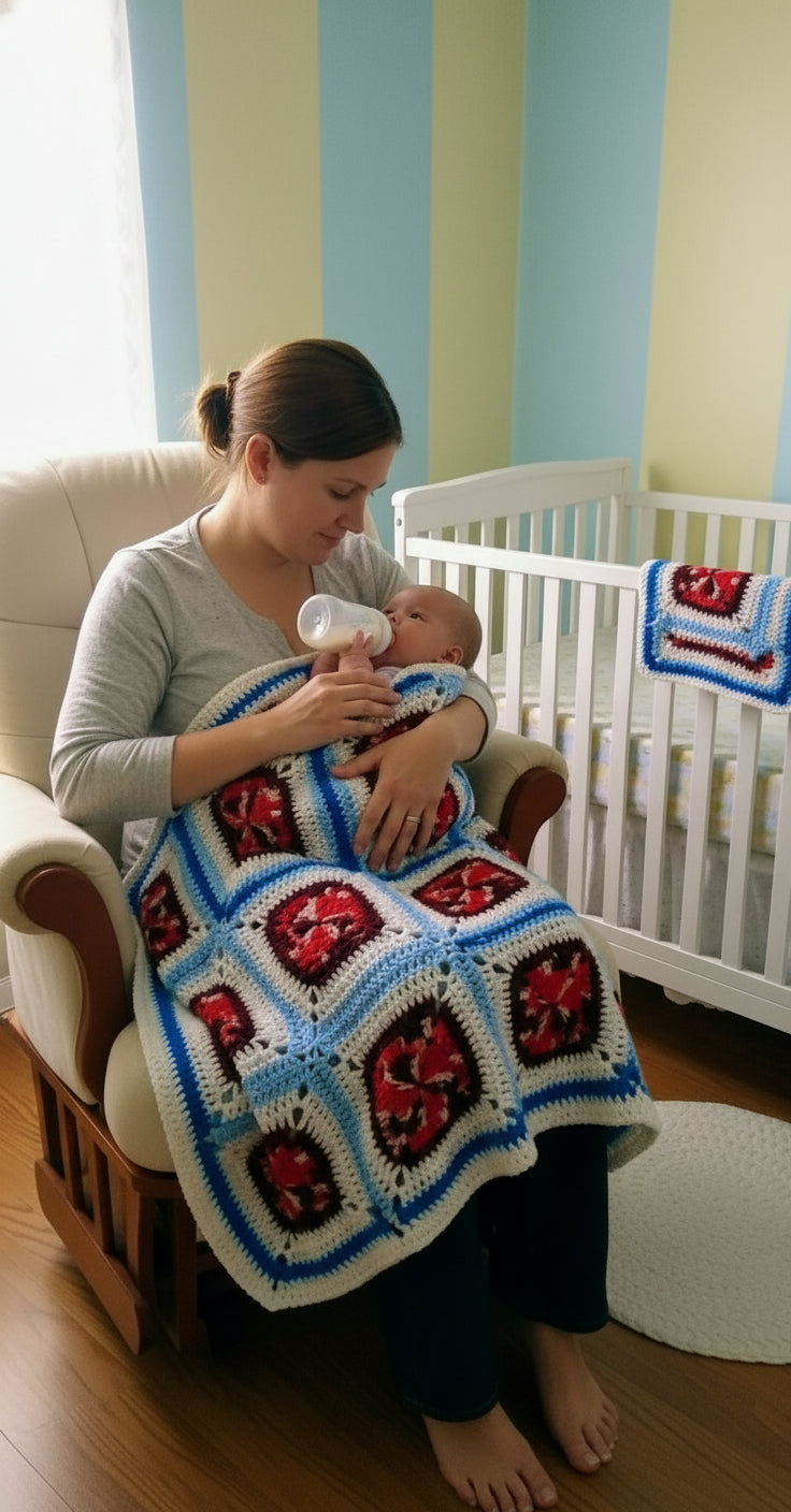 Handmade Granny Square hand crochet of Multi Reds Whites Light Blues Blues White Border Baby Blanket