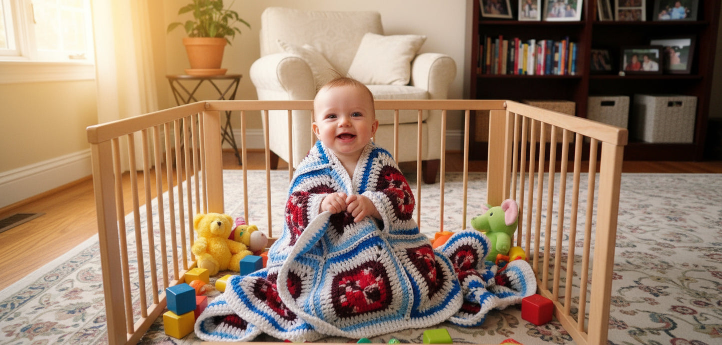 Handmade Granny Square hand crochet of Multi Reds Whites Light Blues Blues White Border Baby Blanket