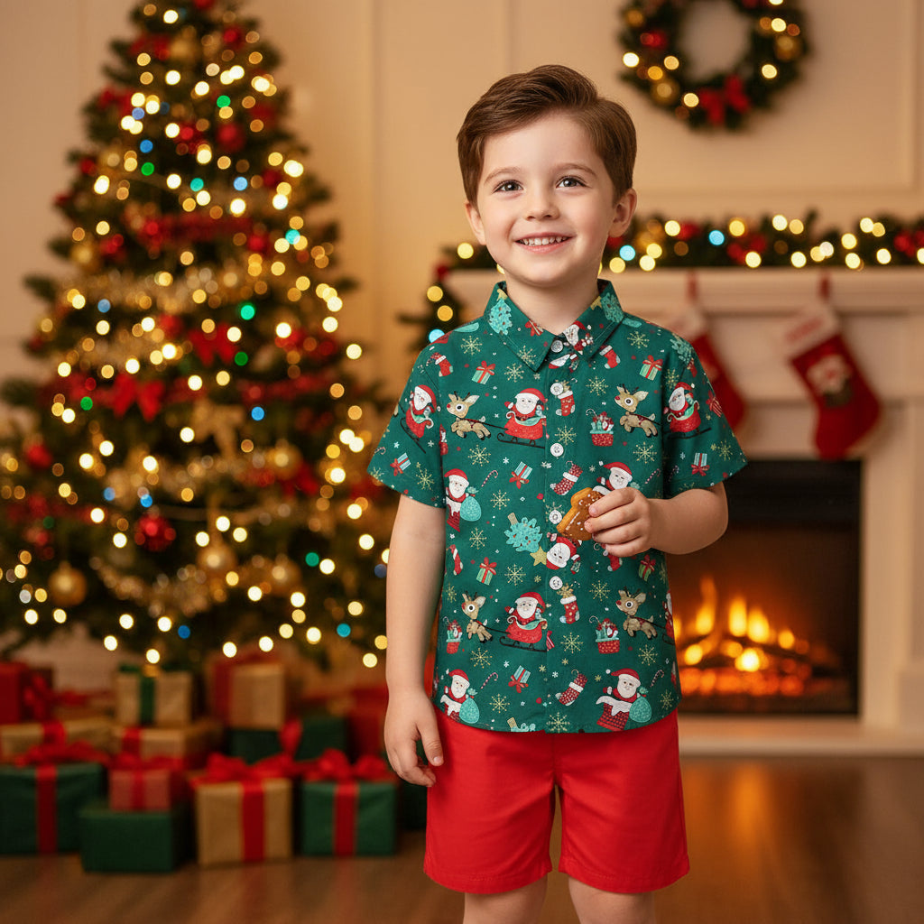 Boys  Christmas Shirt Short Sleeve Shorts Suit