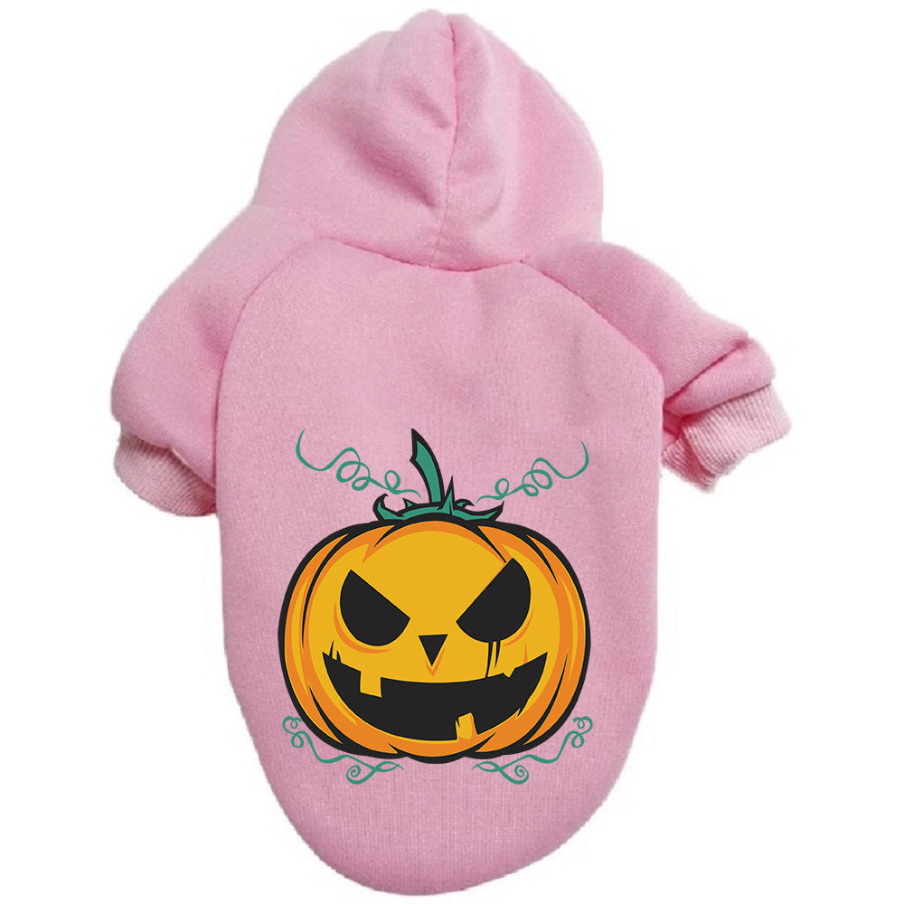Pink dog Halloween pumpkin hoodie sweater, front jack-o-lantern graphic
