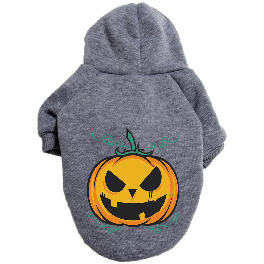 Gray dog Halloween pumpkin hoodie sweater, large jack-o-lantern graphic on back