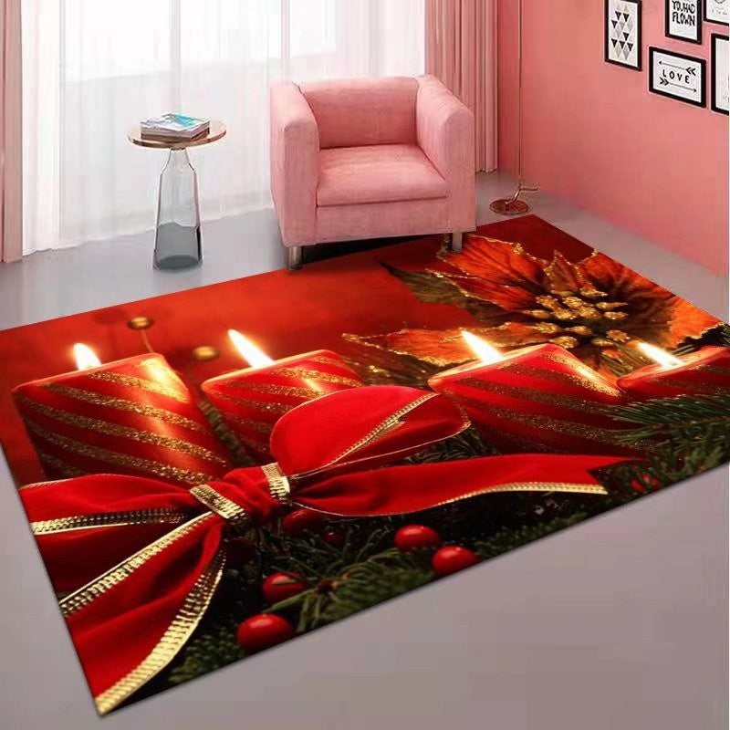 Christmas carpet mat with large red ribbon bow, holly leaves, and berries on dark red