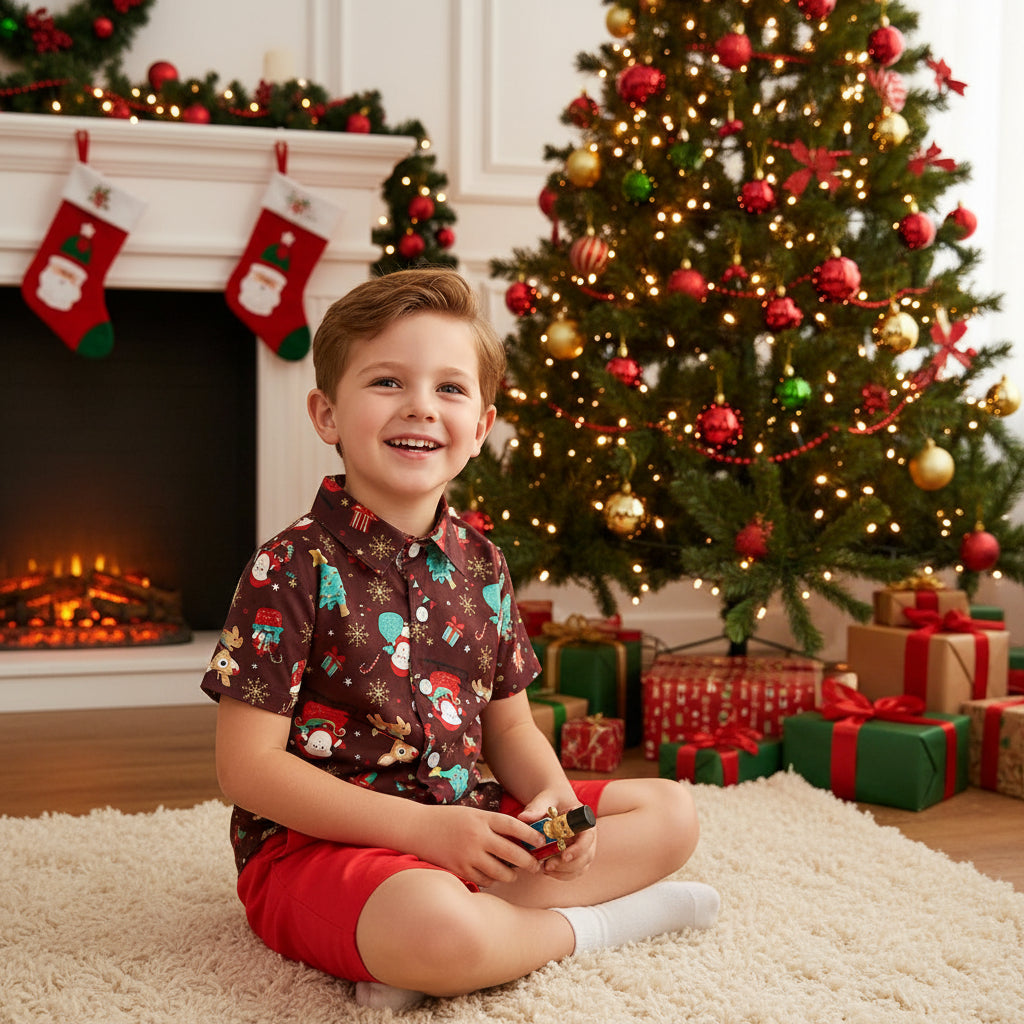 Boys  Christmas Shirt Short Sleeve Shorts Suit