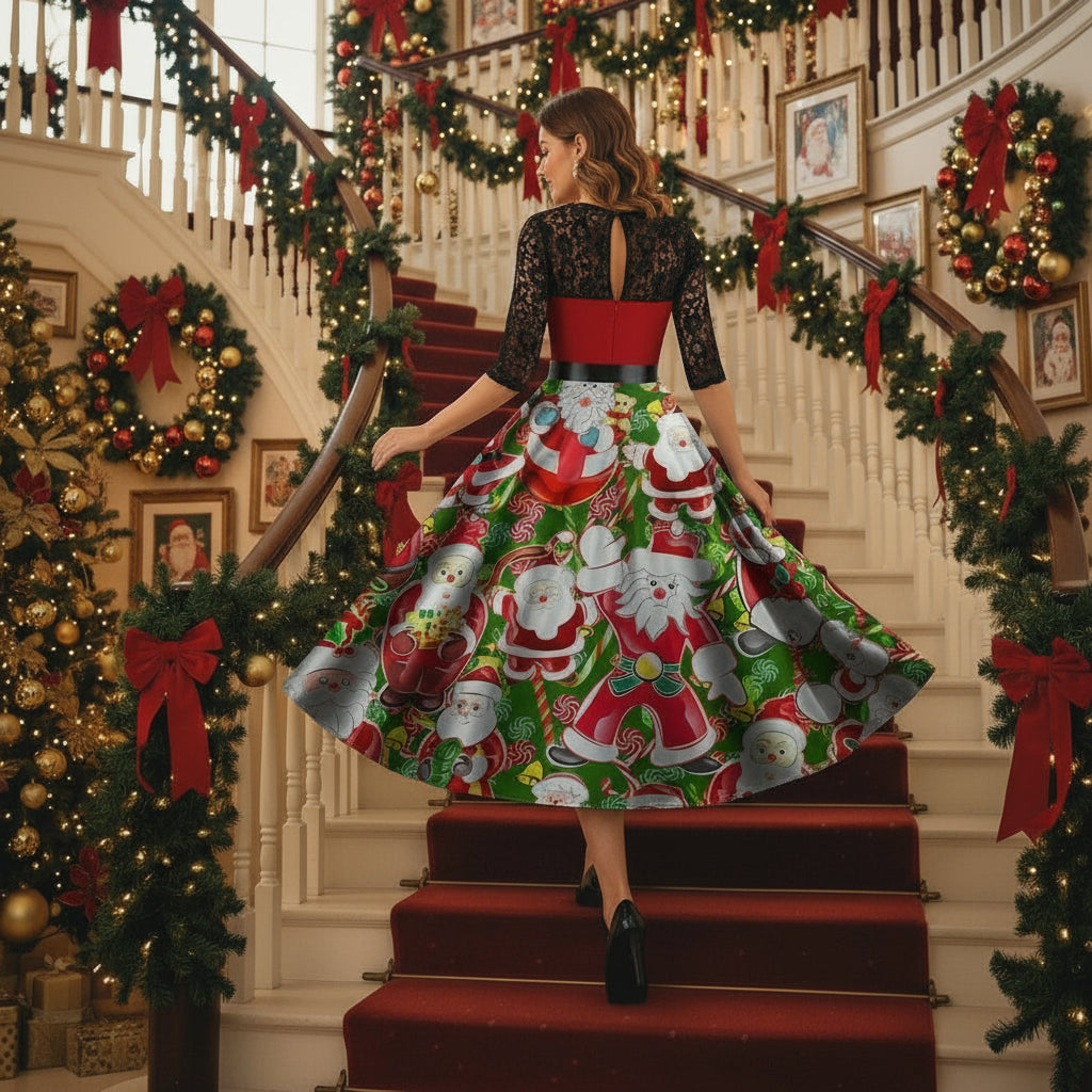 Women’s Christmas dress back: black lace long sleeves, red waist panel, snowman print skirt